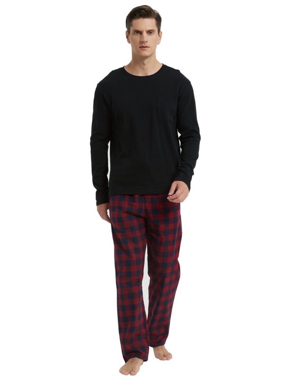 Global Men's Red Plaid and Black Cotton Pajama Set Size Large